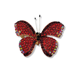 Goldtone Round Red Czech Crystal with Red Enamel Butterfly Brooch Pendant